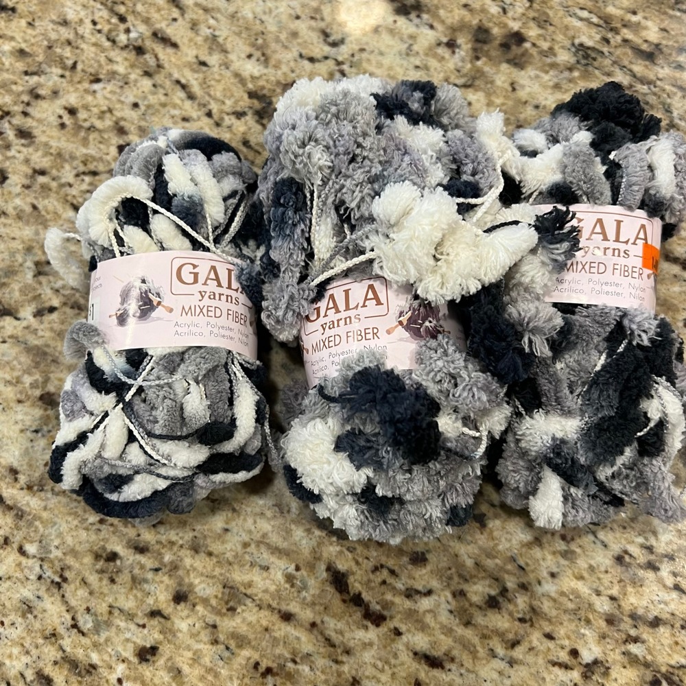 Gala Yarns Mixed Fiber Pom Pom Yarn Black White Grey Variegated 50g 3 Skeins